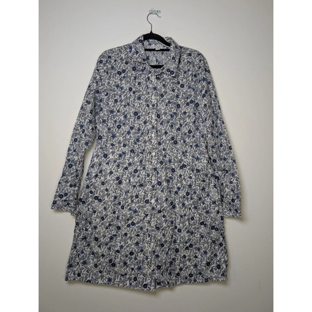 J.Crew Factory Floral Shirt Dress 8 Cotton Lined Blue White Mini PocketsCasual